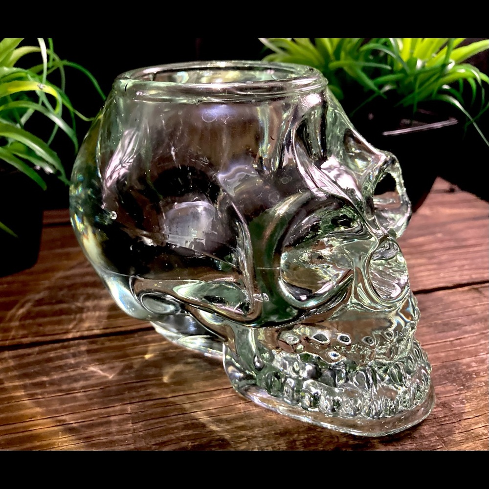 Glass Votive Skull Green Clear Glass Tea Light Holder Halloween